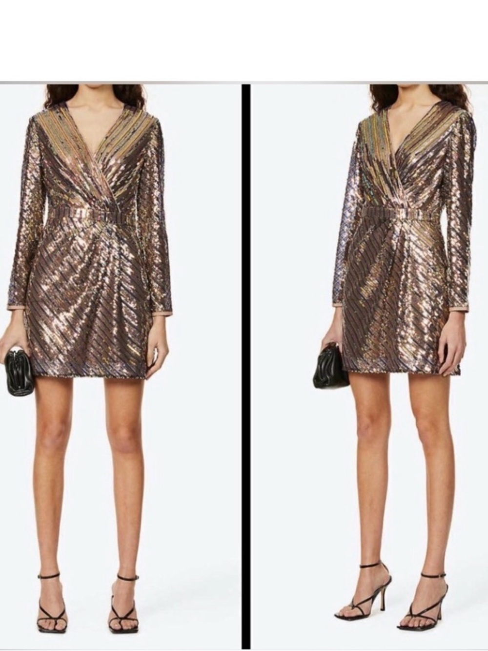 TED BAKER Pipii Gold Sequin Stripe Wrap Mini Dress long sleeve Size 3 US 8